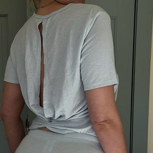 Light Blue YUMMIE Wide Leg Lounge Pant and peek-a-boo twist back top. Size M